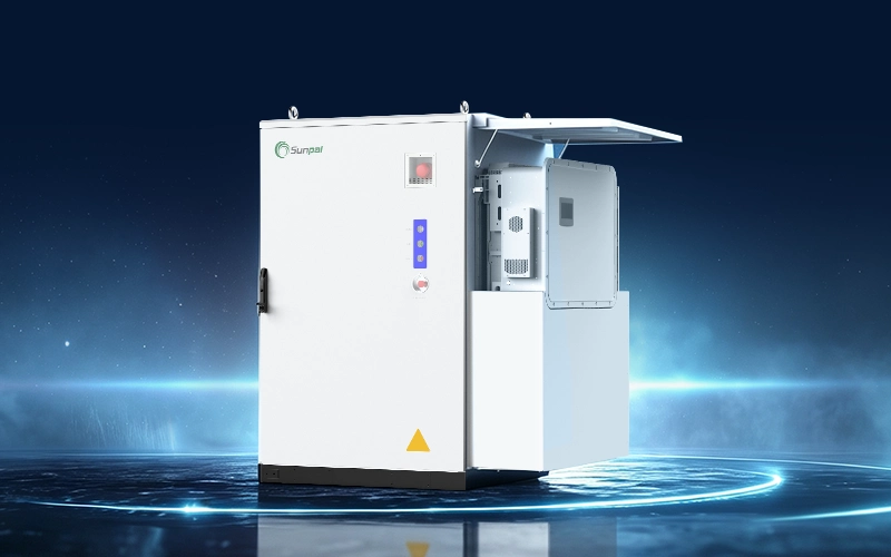 Sunpal outdoor commercial and industrial battery energy storage cabinet rendered in a studio setting, featuring a side access compartment with a hinged cover showing integrated control and inverter components.