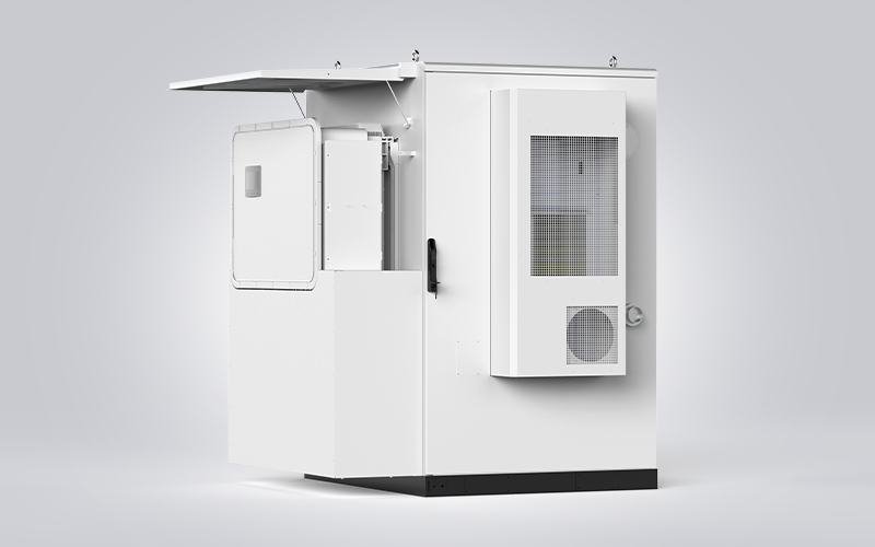 Rear view rendering of the Sunpal ECO-B241WP-2H outdoor battery cabinet featuring a side HVAC thermal management unit and an open control canopy.