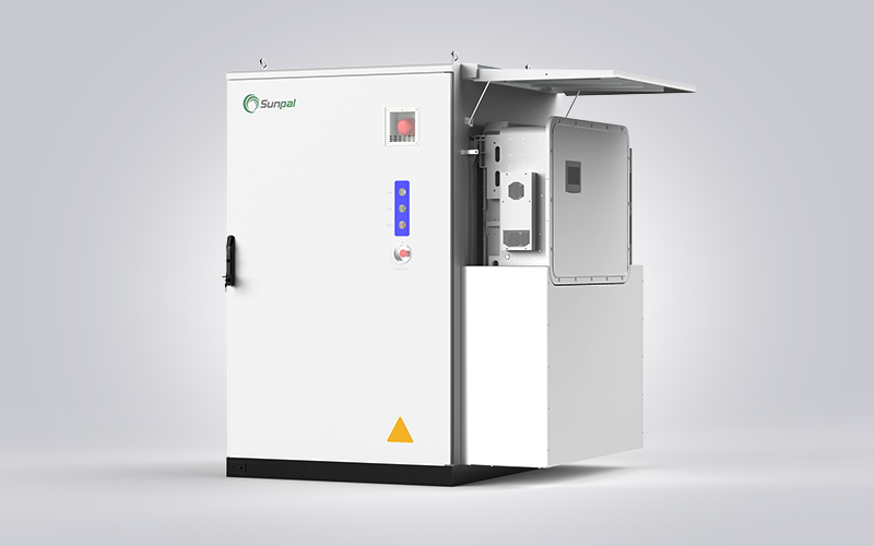 Sunpal ECO-B241WP-2H outdoor liquid-cooled battery cabinet rendering showing the main enclosure and open side compartment.