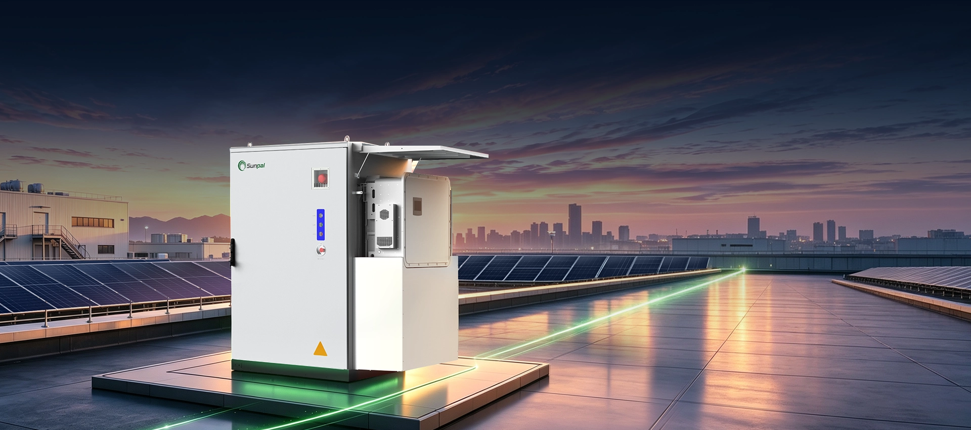 Sunpal ECO-B241WP-2H outdoor battery storage system installed on a commercial rooftop with solar PV arrays against a city skyline at sunset.