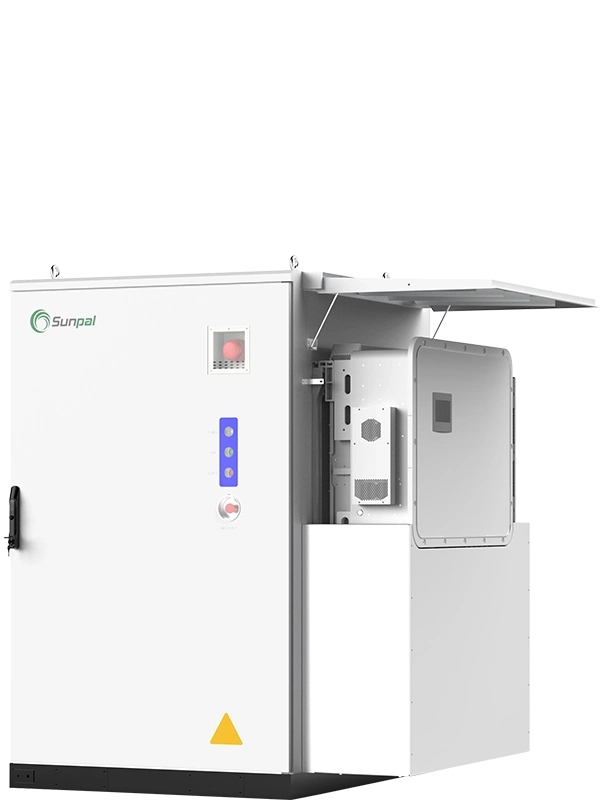 Large white SUNPAL ESS energy storage cabinet with side-mounted power conversion system under a weather-protective awning shade.
