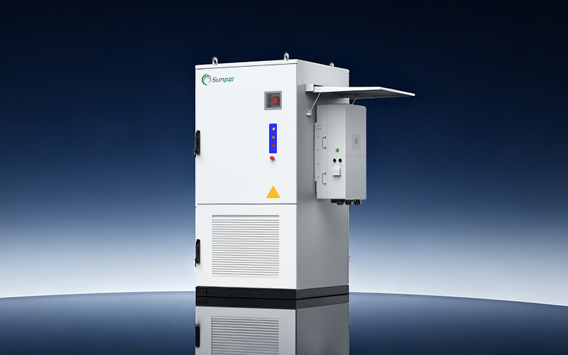 A white Sunpal commercial energy storage system cabinet with integrated controls and lower cooling vents, featuring a side-mounted inverter unit with a sunshade, set against a dark blue gradient studio background.