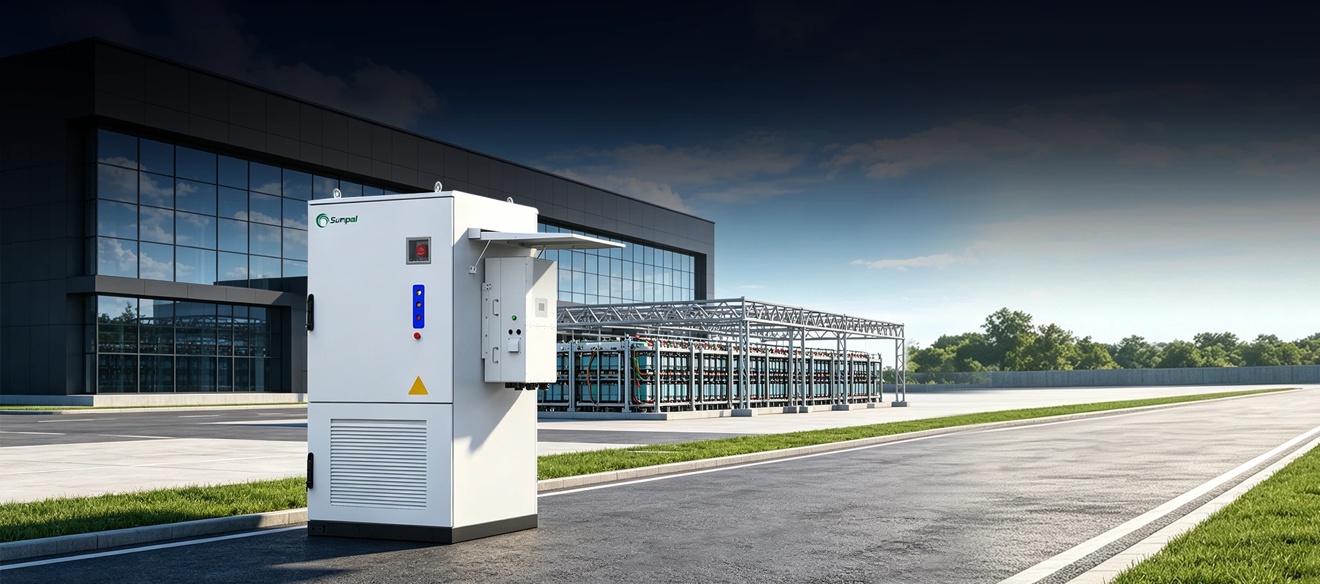Sunpal ECO-B261LP-2H commercial energy storage cabinet installed outdoors near a modern industrial facility and energy grid setup.