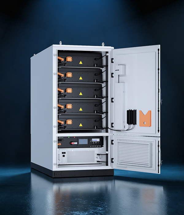3D rendering of the ECO-B261LP-2H energy storage cabinet with open door, showing stacked battery modules, control panel, and door-mounted components.