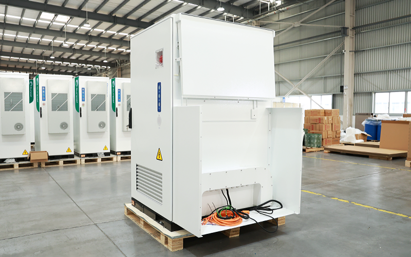 Side-angle view of the ECO-B261LP-2H energy storage cabinet with an open rear connection hatch displaying internal wiring and cable entry ports.