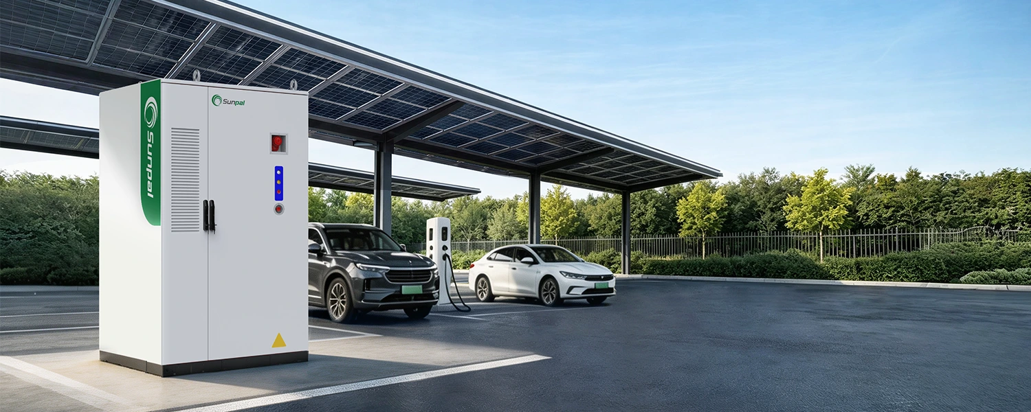 Sunpal ECO-B418LP-2N outdoor energy storage cabinet deployed at a solar carport charging station with electric vehicles parked nearby.