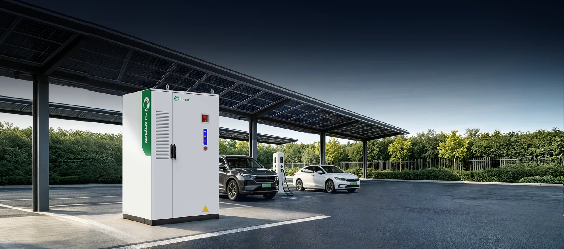 Sunpal commercial energy storage cabinet installed under a solar carport alongside electric vehicles and EV charging stations.
