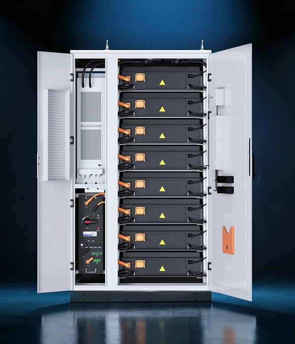 Studio shot of an open energy storage cabinet showcasing stacked battery modules, control distribution panel, and internal cooling system set against a dark blue background.