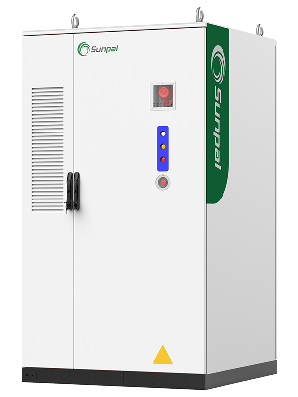White Sunpal ECO-B418LP-2N liquid-cooled energy storage cabinet with green side branding, status indicators, emergency stop button, and top lifting lugs.