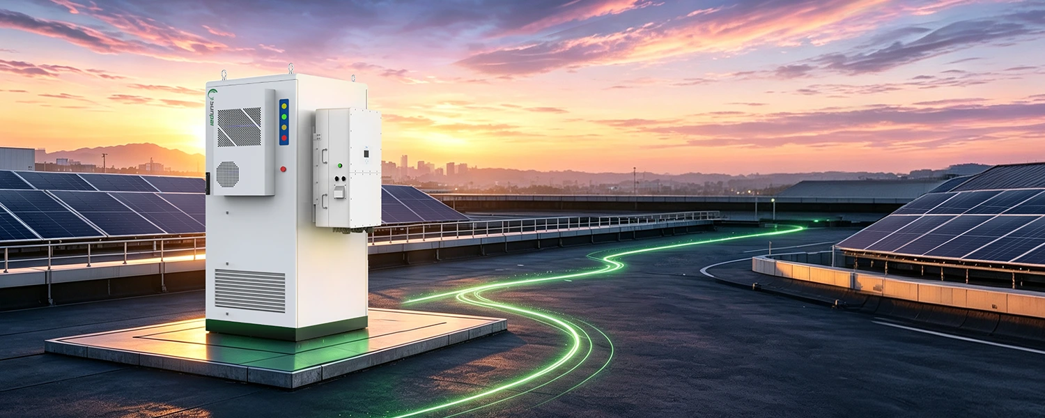 3D rendering of a white Sunpal ECO-B64WX outdoor energy storage cabinet with side-mounted components installed on a rooftop solar facility at sunset.