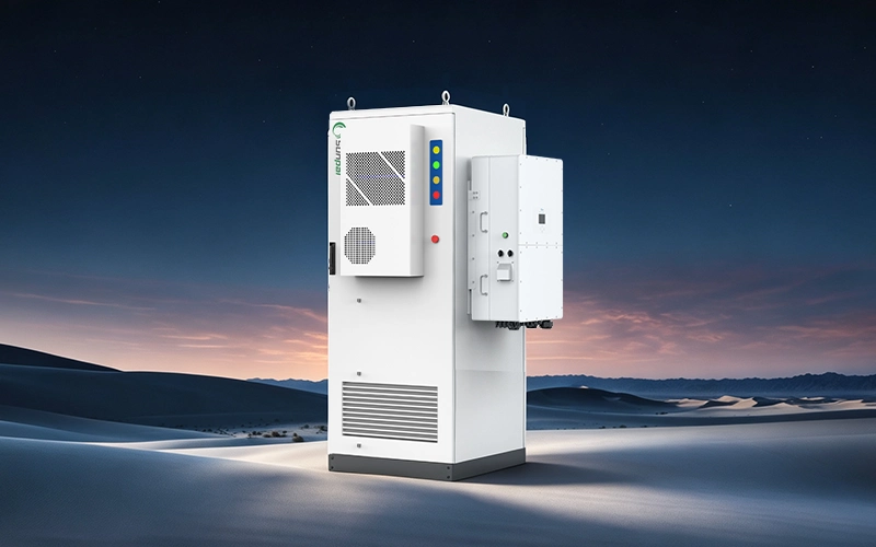 Sunpal ECO-B64WX outdoor energy storage cabinet featuring a side-mounted inverter and liquid cooling system, set against a desert landscape backdropped by a twilight sky.