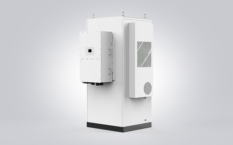 Rear three-quarter view of the Sunpal ECO-B64WX energy storage cabinet, showing side-mounted inverter wiring interfaces, top lifting eye bolts, and cooling ventilation units on a grey background.