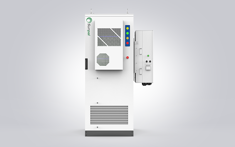 Front view of the Sunpal ECO-B64WX energy storage cabinet featuring ventilation grilles, status indicator lights, and a side-mounted control unit against a neutral grey background.