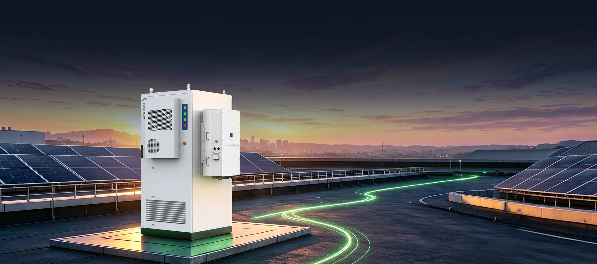 Commercial rooftop scene at dusk, featuring a Sunpal multi-cabinet energy storage system connected to extensive solar panel arrays by a glowing green power path, with a city skyline in the background.