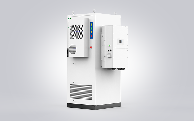 An angled three-quarter view of the Sunpal ECO-B64WX commercial energy storage cabinet, showing its side-mounted inverter unit, front ventilation grilles, and colored status indicators on a grey studio background.