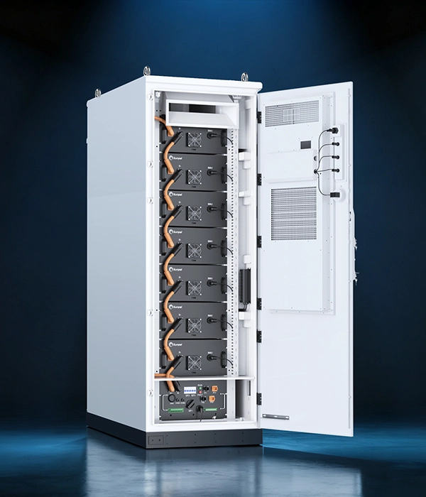 Open-door view of the Sunpal ECO-B64WX cabinet, showcasing vertically stacked battery modules with orange high-voltage cabling, BMU communication lines, and a control module at the bottom.