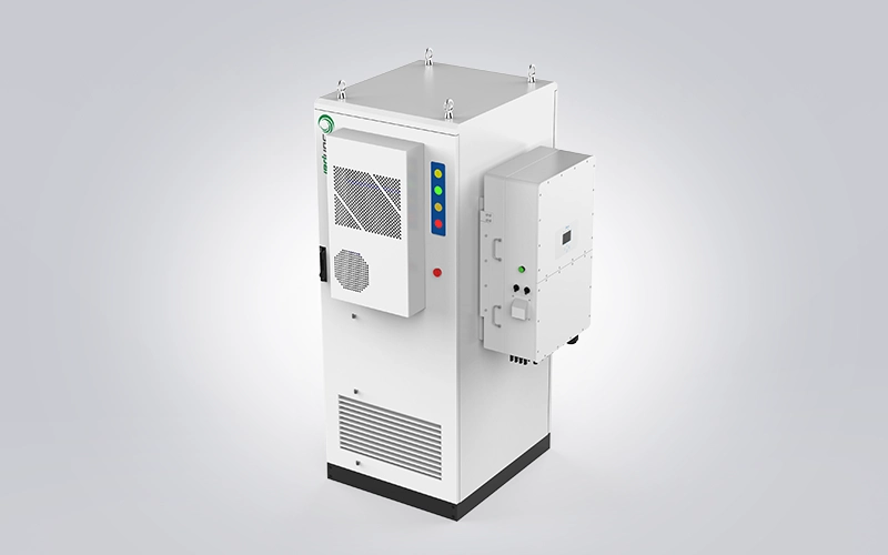 High-angle isometric view of the Sunpal ECO-B64WX energy storage system, highlighting the top four lifting rings, side-mounted inverter, and front cooling vents on a light grey background.