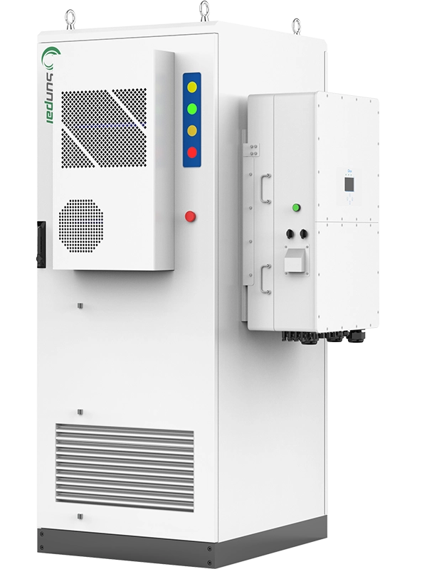 White SUNPAL ESS outdoor energy storage cabinet featuring side-mounted inverter unit, ventilation grilles, and status indicator lights.