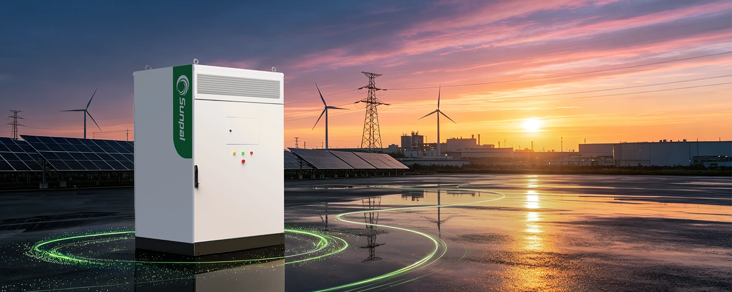 3D rendering of a white Sunpal ECO-E101WX energy storage cabinet installed outdoors at sunset near solar panels, wind turbines, and power lines.