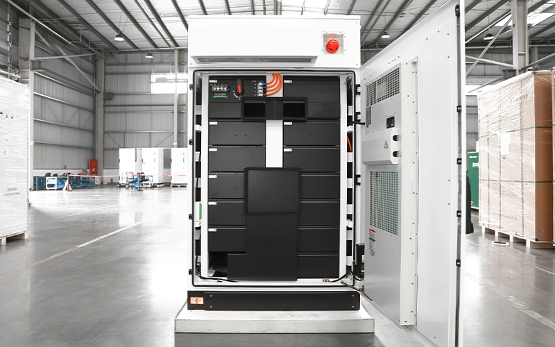 Open rear door of the ECO-E101WX energy storage system showing high-voltage distribution connections, safety components, and door-mounted HVAC air conditioning unit.