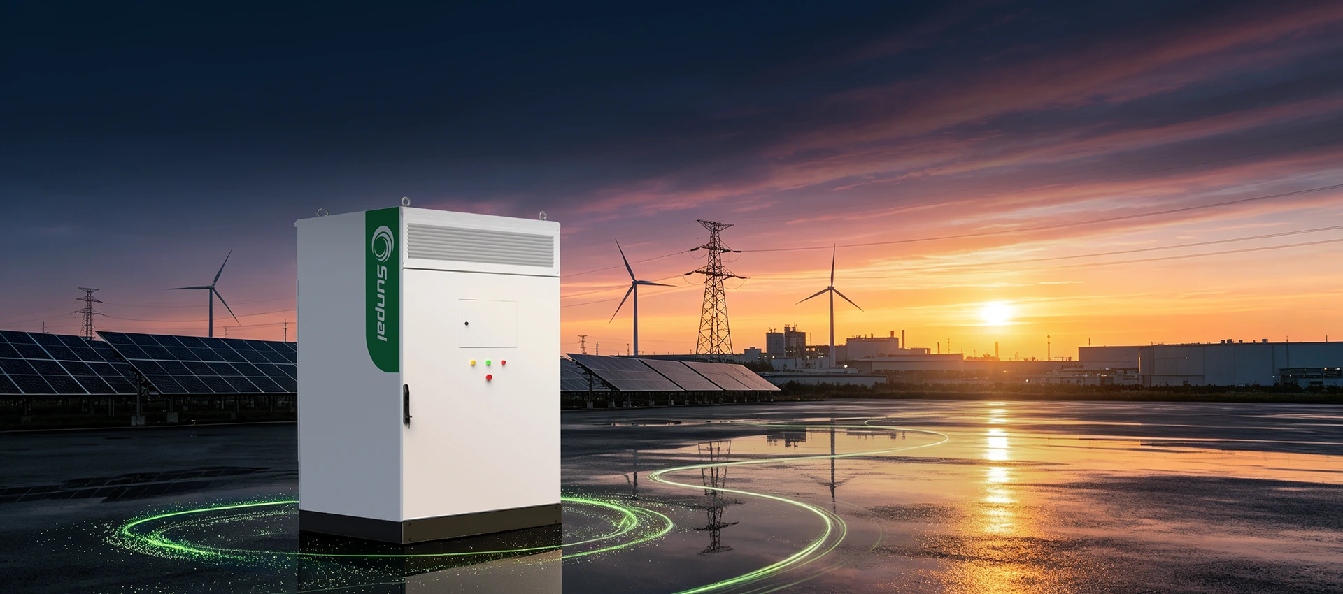 Sunpal ECO-E101WX battery storage cabinet rendering set against a sunset landscape featuring solar panels, wind turbines, and power grid infrastructure.