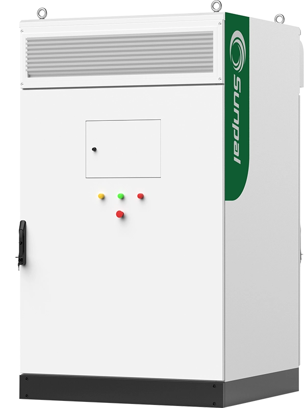 SUNPAL ESS ECO-E101WX outdoor energy storage cabinet featuring indicator lights and a secure front door against a white background.