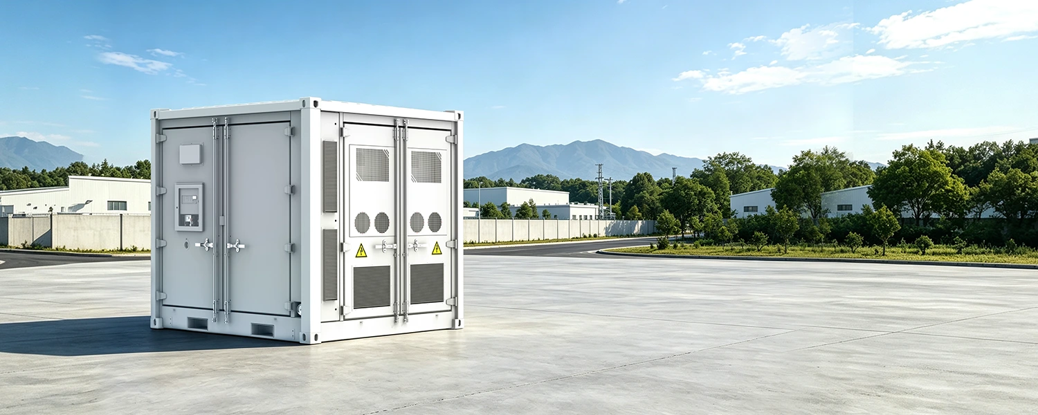 3D perspective render of the white ECO-E10FT1044LP-2 10ft energy storage container deployed on an open concrete site with industrial buildings and mountains in the background.