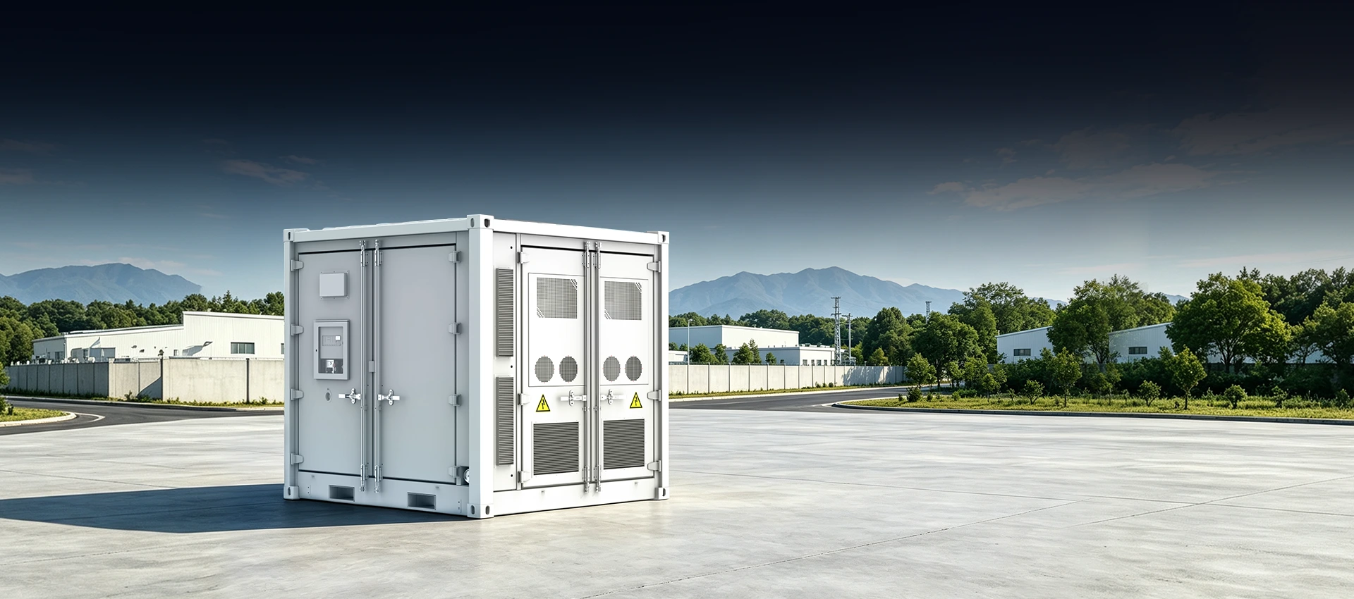 A white 10-foot containerized energy storage system installed outdoors on a concrete pad, featuring ventilation grilles, control access doors, and hazard warning symbols with industrial buildings and mountains in the background.