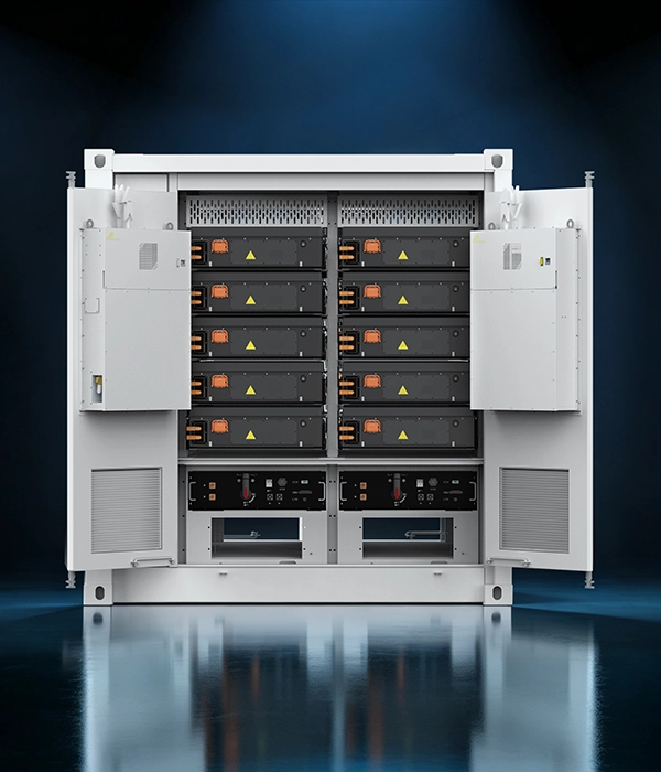 Studio shot of an open white containerized energy storage cabinet showing two vertical columns of modular battery packs with high-voltage hazard symbols and control units against a dark blue background.