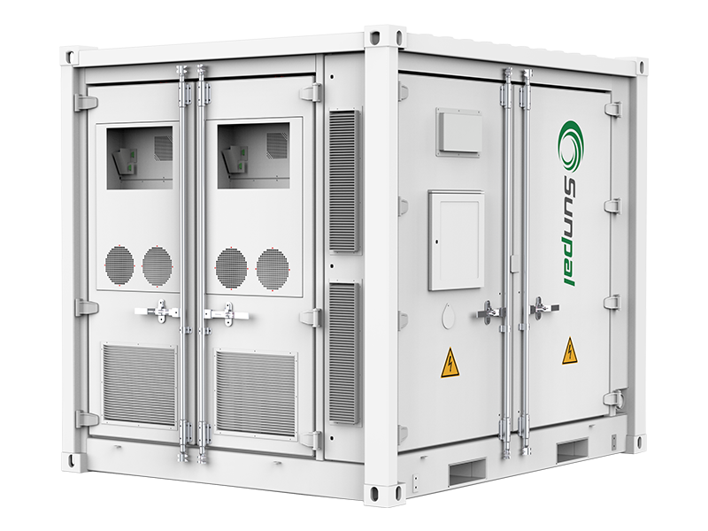 White Sunpal brand commercial energy storage container unit with ventilation grilles and warning signs.