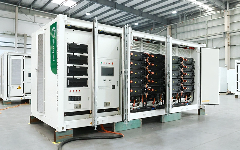 Rear open-door view of the Sunpal ECO-E20FT2170LP-2 containerized storage system showing the main control panel, touchscreen interface, and battery modules.