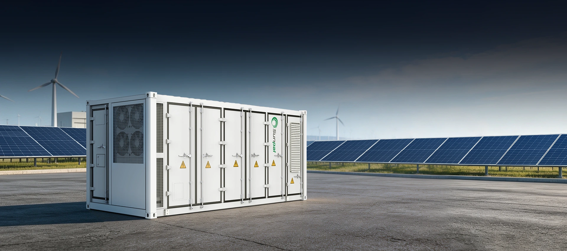 Sunpal 20ft containerized battery energy storage system deployed outdoors alongside solar panel arrays and wind turbines.