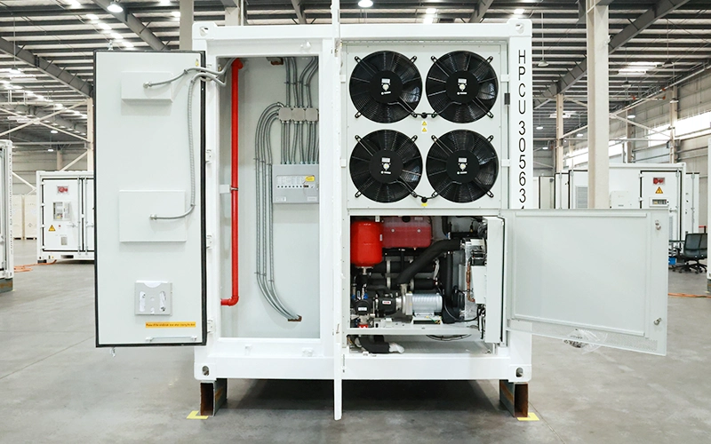 Side view of the ECO-E20FT2170LP-2 energy storage container displaying large cooling fans, liquid cooling unit, fire piping, and electrical distribution cabinet.