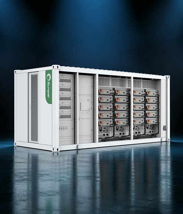 3D studio render of the open-frame Sunpal ECO-E20FT2170LP-2 energy storage container showing power control cabinets and battery module racks.