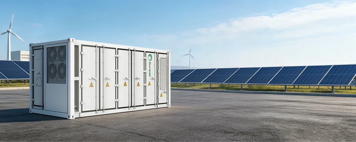 Sunpal ECO-E20FT2170LP-2 20ft containerized battery energy storage system deployed outdoors next to solar panels and wind turbines.