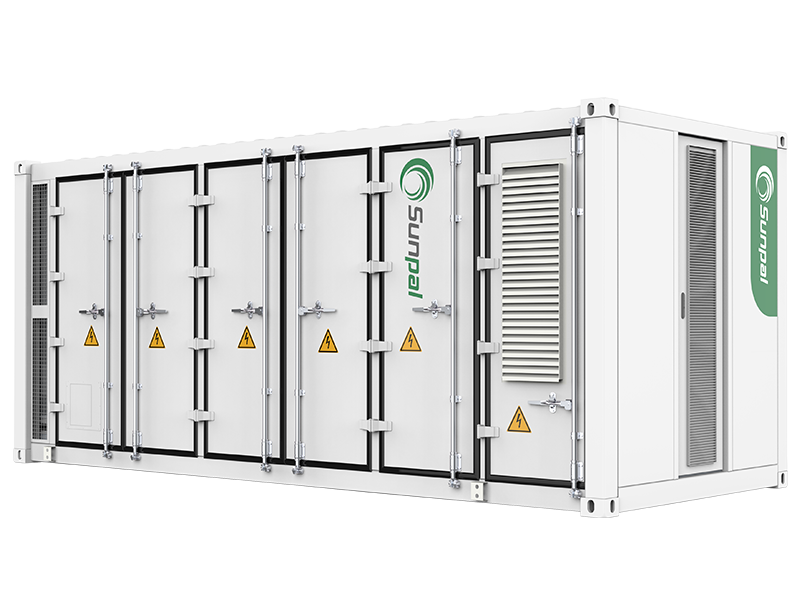 Large white Sunpal brand energy storage container system with multiple doors, locking bars, and warning labels.