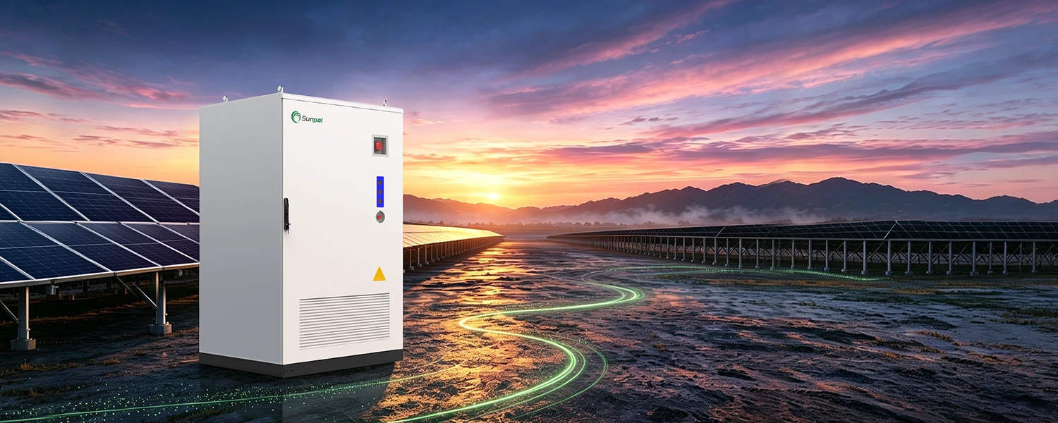 3D rendering of a white Sunpal ECO-E241WP-2A energy storage cabinet deployed in a solar farm during sunset.