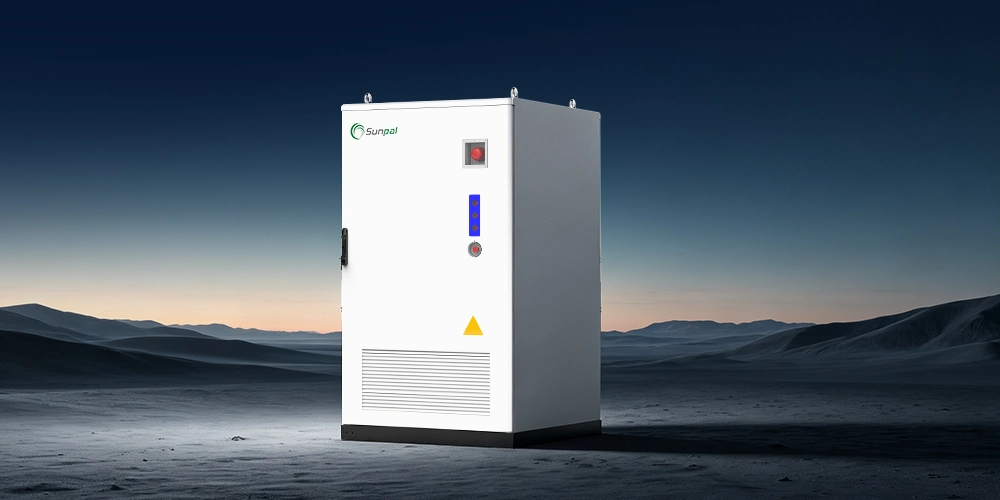 Sunpal outdoor commercial and industrial battery energy storage cabinet rendered in a desert landscape environment.
