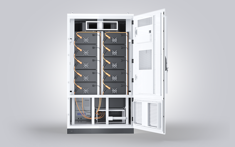 Open rear view of the ECO-E241WP-2A energy storage cabinet showing stacked battery modules, orange high-voltage cabling, integrated HVAC door panel, and electrical control units.