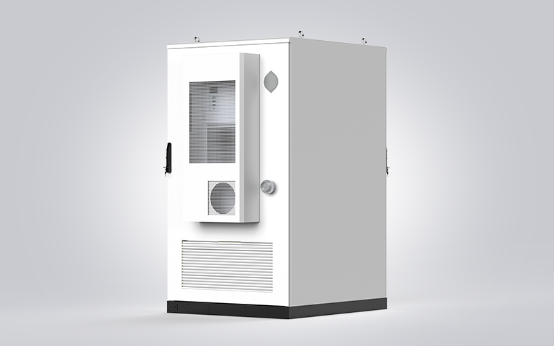 Rear-three-quarter view of the Sunpal ECO-E241WP-2A energy storage cabinet highlighting the door-mounted industrial HVAC cooling unit and ventilation grilles.