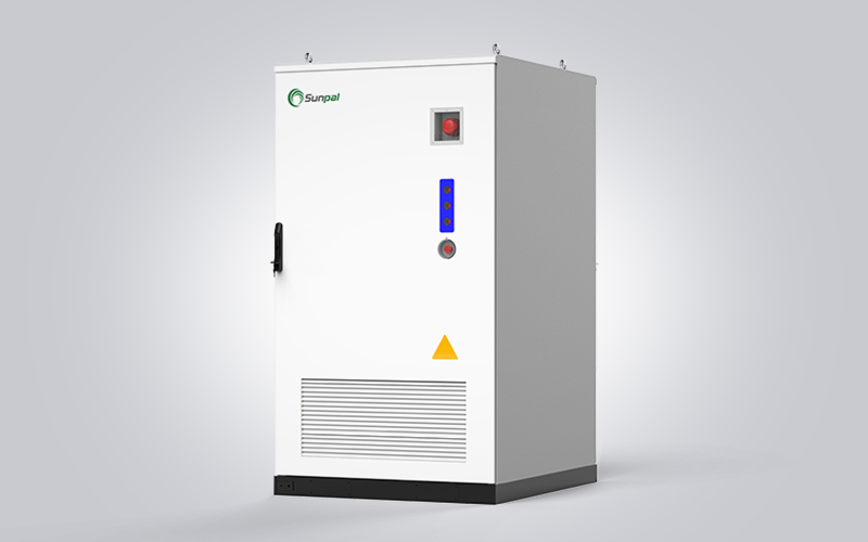 Front-three-quarter view of the Sunpal ECO-E241WP-2A outdoor energy storage cabinet featuring status indicators, emergency stop button, and ventilation grille.