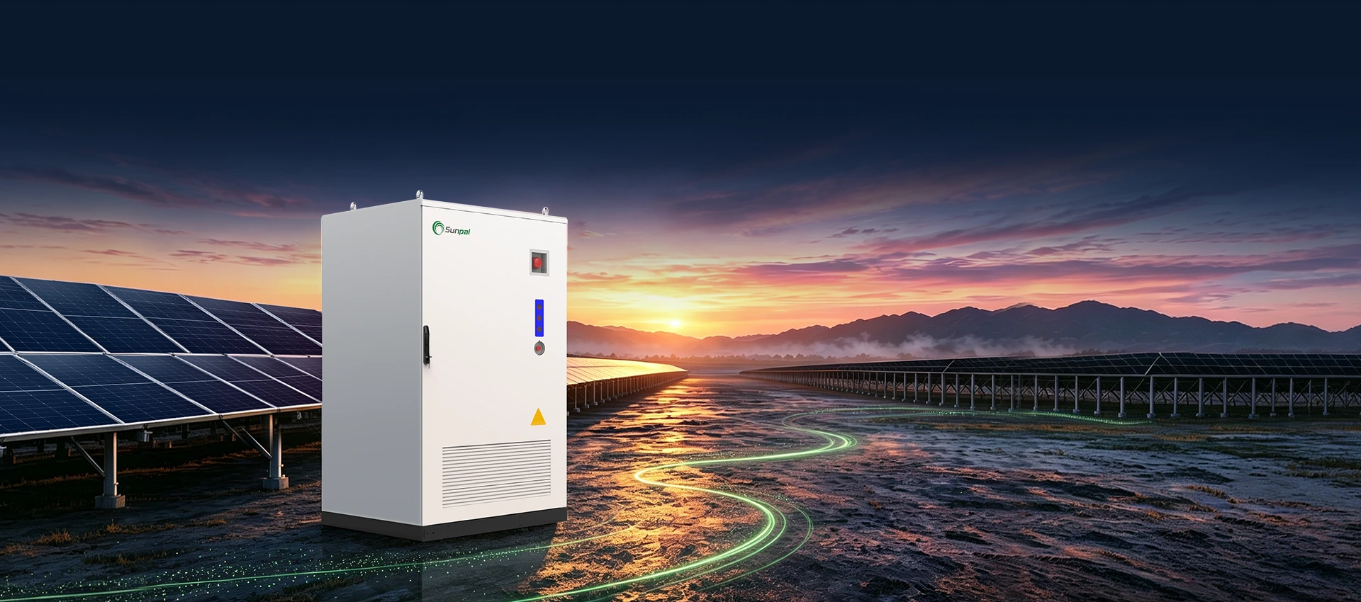 Sunpal ECO-E241WP-2A energy storage cabinet deployed alongside large-scale ground-mounted solar PV arrays at sunset.