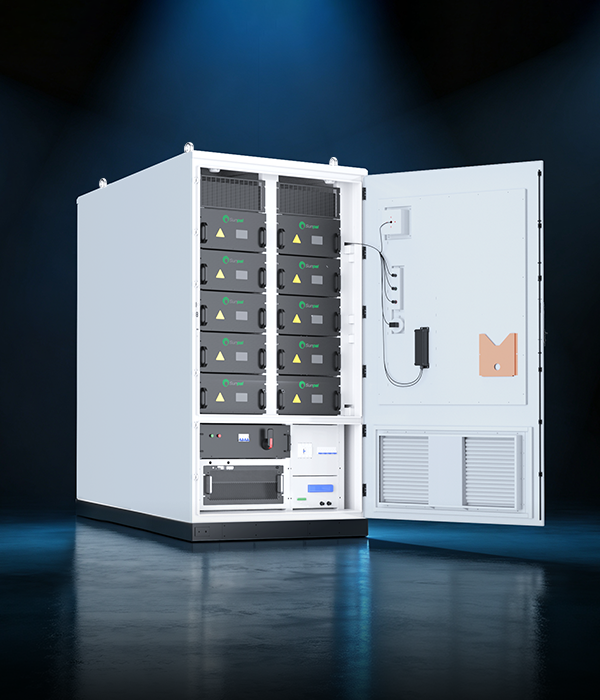 An open white energy storage cabinet revealing rows of black battery packs with green logos, electrical controls, and complex wiring against a dark background.