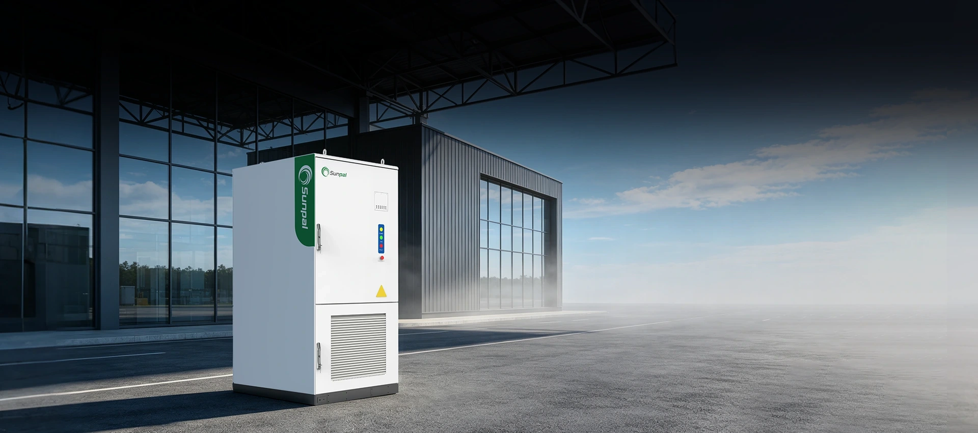 3D perspective render of the white Sunpal ECO-E261LP-2A energy storage cabinet deployed outdoors next to a modern industrial facility.
