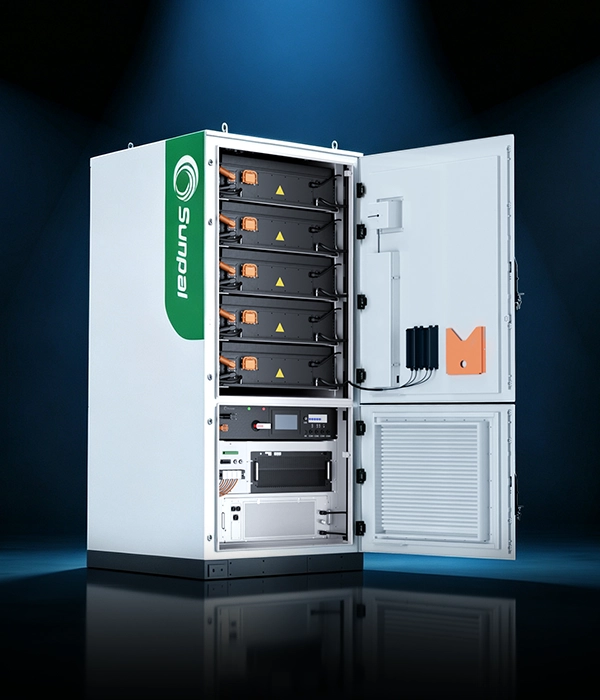 Studio product shot of the Sunpal ECO-E261LP-2A cabinet with dual open doors, showing stacked battery packs in the upper compartment and power conversion electronics in the lower section.