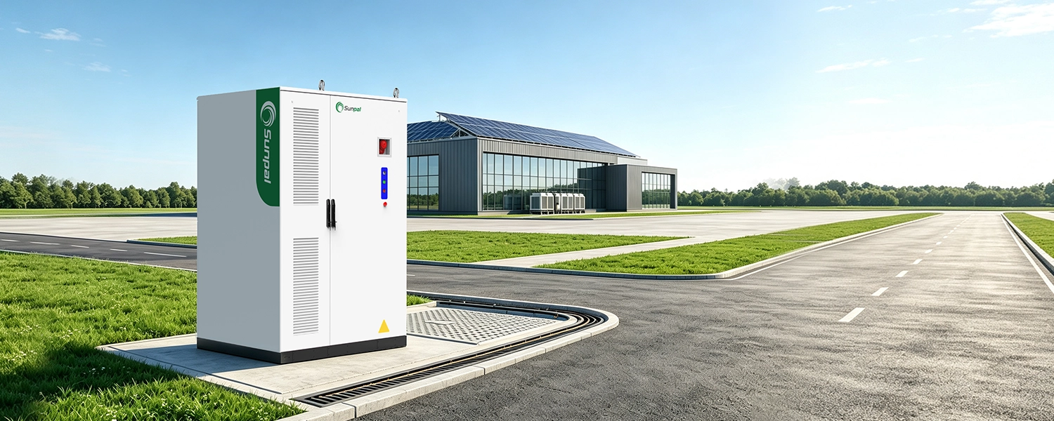 Sunpal LiPal ECO-E418LP-A40/69/80 outdoor energy storage cabinet installed in front of a modern commercial building with rooftop solar panels.