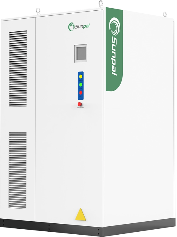 SUNPAL ESS ECO-E418LP outdoor liquid-cooled energy storage cabinet with side ventilation louvers, digital display screen, and status indicator lights.