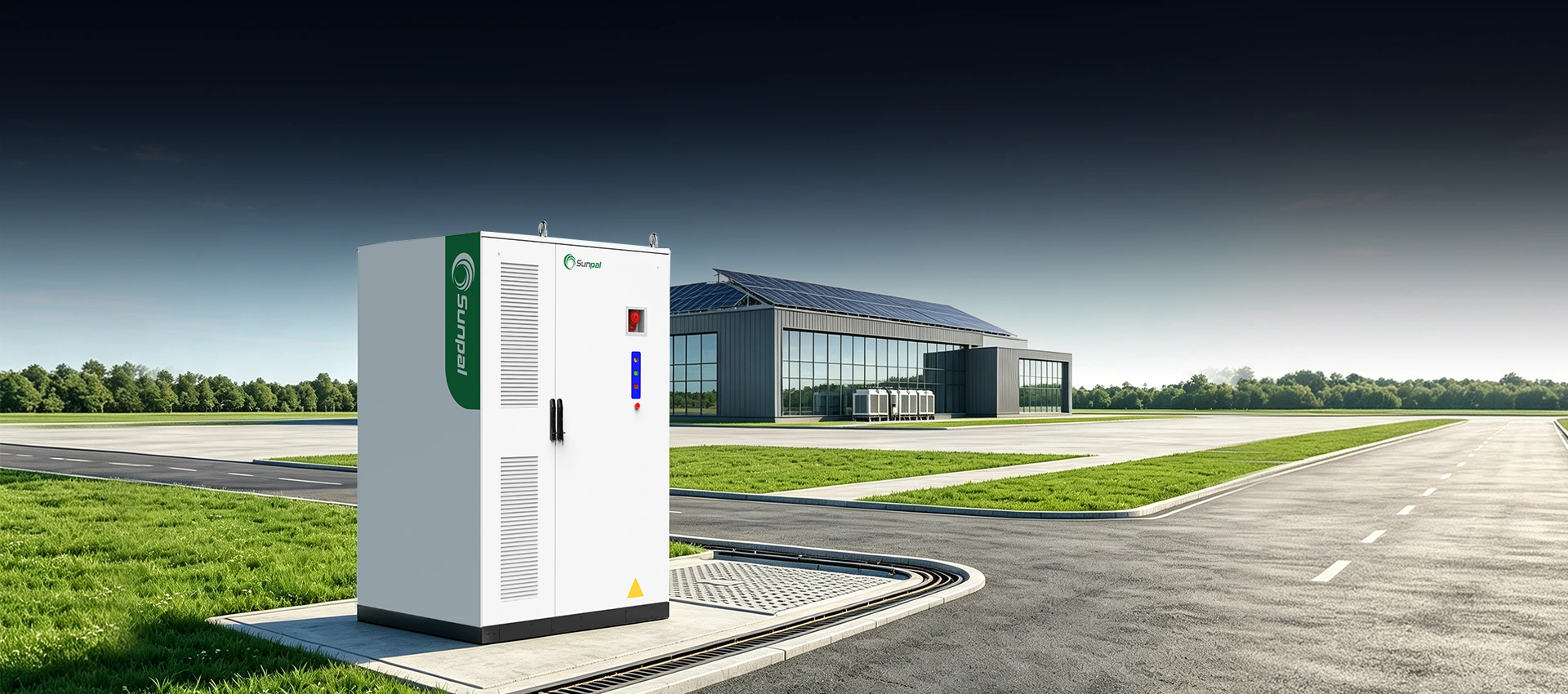 White Sunpal ECO-E418LP commercial energy storage cabinet installed outdoors on a concrete pad next to a solar-powered industrial building.
