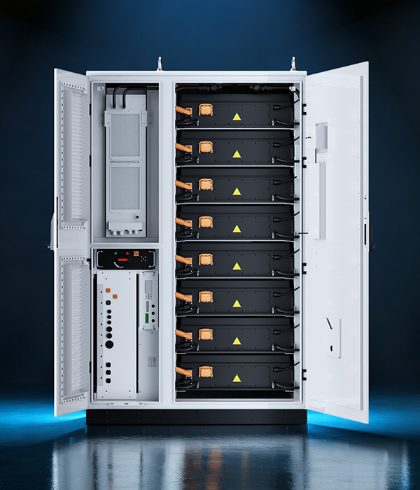 Studio rendering of the open Sunpal ECO-E418LP energy storage cabinet showing stacked battery packs on the right and control electronics on the left against a dark blue background.