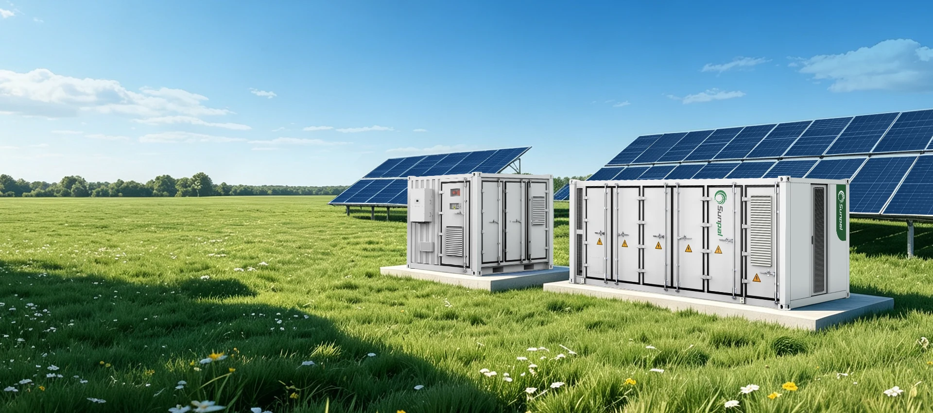 SUNPAL ESS containerized battery energy storage systems integrated with solar panels in an open field.